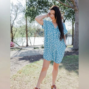 Umgee Speckle V-Neck Blue Pocket Womens Rounded Hem Cap Sleeve T-Shirt Dress S